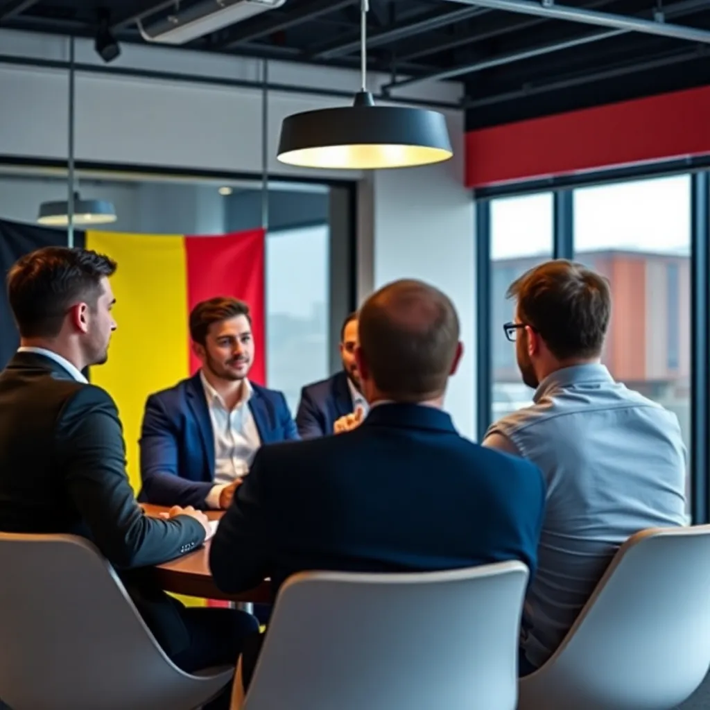 Belgische ondernemers bespreken strategieën in een moderne vergaderruimte